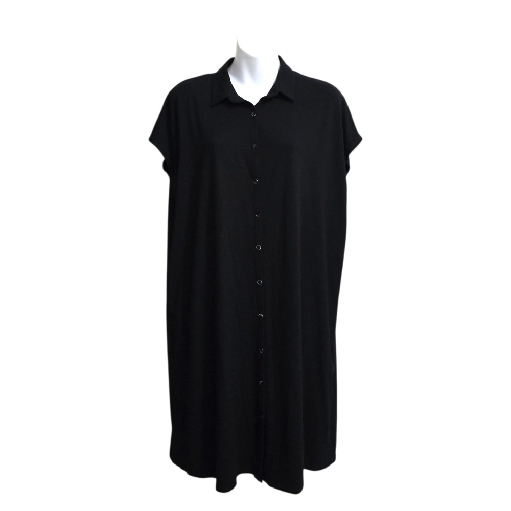 Eileen Fisher Classic Collar Button Down Knee Length Dress In Black Sz XS